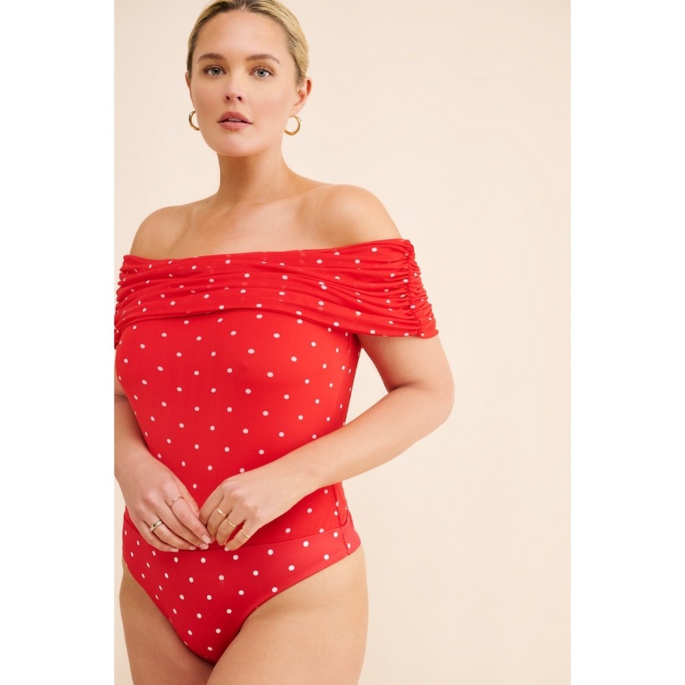 Anthropologie AFRM Divya Red Polka Dot Off The Shoulder Ruched Mesh Bodysuit 3X